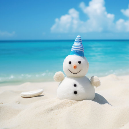 A cute snowman on the beach in bright sunlight, with the sea or ocean in the background. Merry Christmas time, greeting Card. Beach Christmas Vacation without Snow.の素材