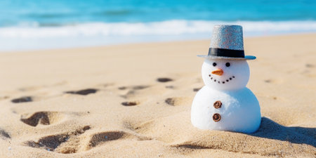 A cute snowman on the beach in bright sunlight, with the sea or ocean in the background. Merry Christmas time, greeting Card. Beach Christmas Vacation without Snow.の素材