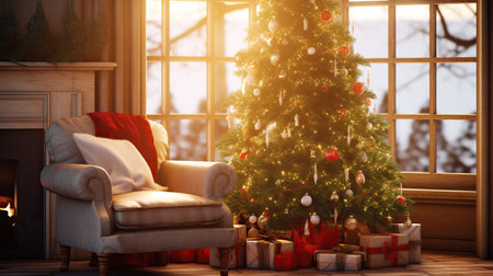 Christmas warm home atmosphere, Christmas decorated tree with ornaments and presents in the living room.の素材