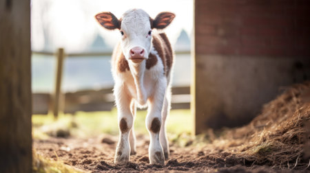 A cute brown white calf standing in the passage of the cowshed. Farming, Animal Care and Sustainable Agriculture concept. Ethical Consumption.の素材