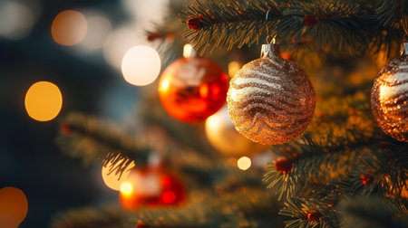 A radiant red and gold bauble decorates a Christmas tree, aglow with the twinkle of bokeh lights, embodying the magic and merryment of the festive time.の素材