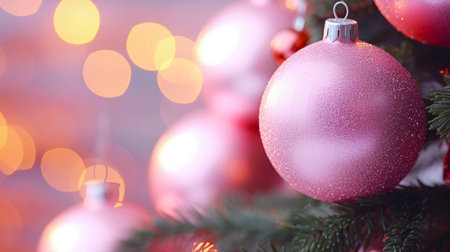 An enchanting purple ornament adorns the Christmas tree, casting a magical glow in the midst of the festive decorations. Banner with copy spaceの素材