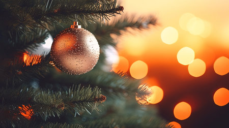 A shimmering gold bauble adorns a Christmas tree, set against a festive backdrop of twinkling bokeh lights, exuding holiday magic. Banner with copy spaceの素材