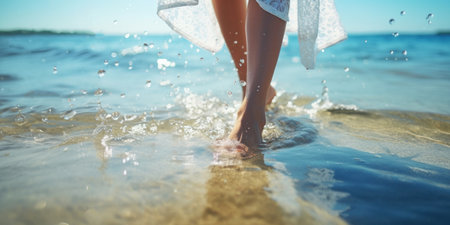 Barefoot womans feet walking with water splashes along the shoreline on beach at sunny day, creating a dynamic and refreshing scene. Themes of summer, relaxation, vacations and the simple joys of life.の素材
