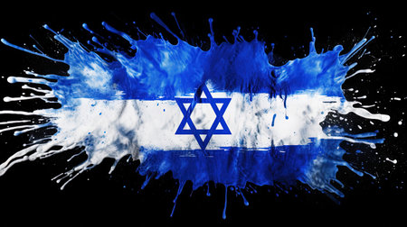 A creative representation of the Israeli flag with paint splash effect on black background, symbolizing vibrant fusion of culture and art merging traditional symbolism with modern artistic expression.の素材