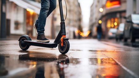 Modern responsible city dweller riding eco-friendly electric scooter on wet streets, sustainable living, green commuting, highlighting shift towards environmentally friendly urban transport solutions.の素材