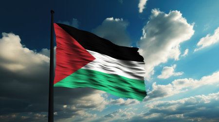 The Palestinian flag bills proudly in a clear blue sky, a symbol of national pride and the quest for recognition, signifies the enduring national identity and sovereignty.の素材