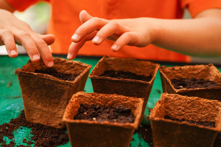 Close-up child's hands planting seeds. Nature and Education. Practical Life Skills. Child Engagement...