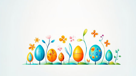 Bright cheerful springtime scene with whimsical Easter eggs and flowers. Easter Celebration in fantasy spring garden.の素材