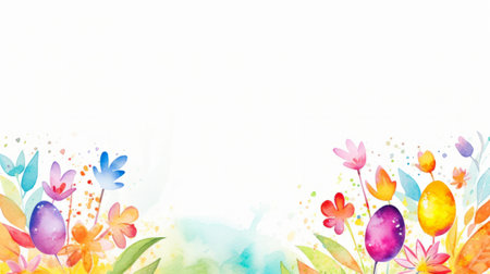Watercolor illustraition, border with variety of spring flowers and Easter eggs on white background with light, airy spring atmosphere. Easter greeting card or event invitation.の素材