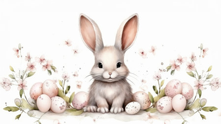 Charming rabbit with delicate flowers and Easter eggs in pastel palette of pink and green, Easter greeting card.の素材