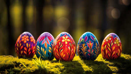 Close-up five Easter eggs, beautifully decorated with vibrant, folk-style floral patterns on green moss in sunlight. Folk art decoration of traditional Easter Egg.の素材