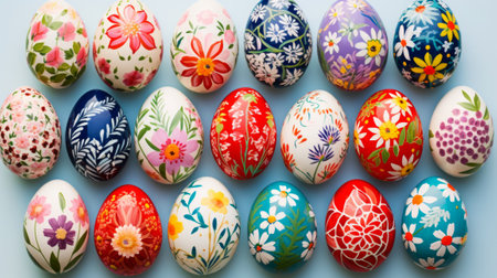 Easter eggs decorated with floral motifs in variety of patterns and colors on light blue background, decoration of eggs during the Easter season. Banner flat lay.の素材
