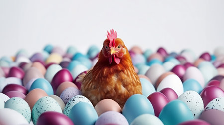 Hen amidst of painted Easter eggs, Spring festive background. Easter greeting cards, holiday decorations. Whimsical Easter Scene.の素材