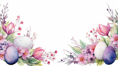 Easter airy spring composition. Delicate watercolor frame of spring flowers and Easter eggs on white background, botanical framing space for Easter greetings.の素材