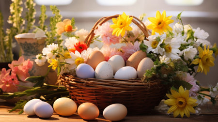 Rustic Easter wicker basket with eggs and vibrant spring flowers, daisies, chrysanthemums, pink hyacinths, with scattered blooms and petals around basket on wooden surface with soft, natural light.の素材