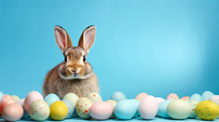 Charming brown rabbit with Easter eggs in soft pastel colors on blue background, fresh spring atmosphere spring celebration. Banner with copy space. Easter greeting card with Bunny.の素材