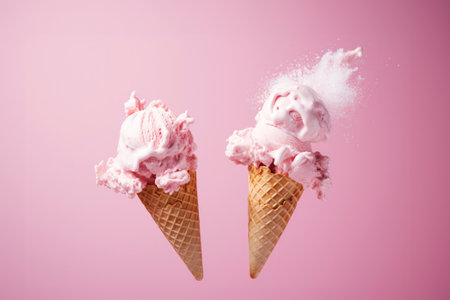 Levitating waffle cones filled with pink strawberry ice cream, with pieces artistically flying away, set on a blush pink backdrop creating a playful and vibrant scene.の素材