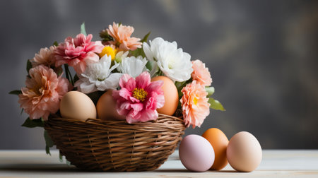 Charming composition of wicker basket with pastel-colored eggs and vibrant mix of spring flowers, pink dahlias, white chrysanthemums, against gray background, Easter spring basket with floral decorationの素材