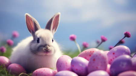 White rabbit with gray ears sitting among cluster of pink lilac speckled Easter eggs, with blue sky and blurred pink flowers background, idyllic atmosphere of charming springtime setting Easter Bunnyの素材