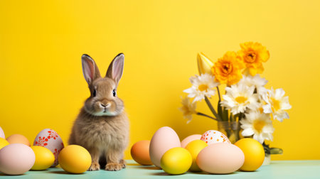 Bunny with Easter Eggs and Daffodils on Yellow background. Cute rabbit surrounded by Easter eggs and flowers against a vibrant yellow backdrop.の素材