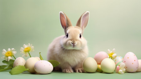 A charming cute bunny surrounded by speckled Easter eggs against a soft green background.の素材