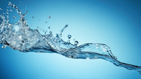 High-speed capture of a clear water splash against a tranquil blue backdrop. Water Scarcity, Pollution and Clean Water concept. Banner with copy space.の素材