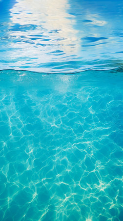 Vibrant turquoise water with waves with natural light patterns creating a mesmerizing texture. Marine Day, World Water Day, sustainable management of freshwater resources.の素材