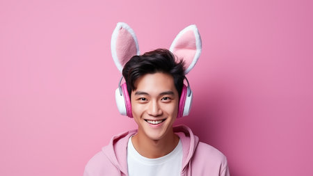 A smiling joyful young Asian man wearing pink bunny ears and headphones on a pink background. Easter Celebration and Easter playful festivities.の素材
