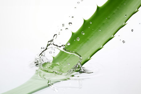 Water drops splashing on a fresh aloe vera leaf with a white background.の素材