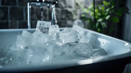 Icy Bath Relaxation cold water therapy concept. Close-up of ice cubes in a bathtub, suggesting a spa treatment and health care.の素材