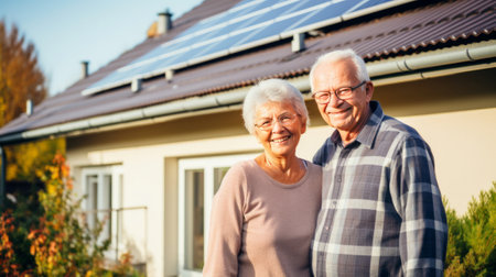 Solar powered Home. Smiling elderly couple standing in front of their house with solar panels on the roof. Bright future in clean energy. Banner with copy space.の素材