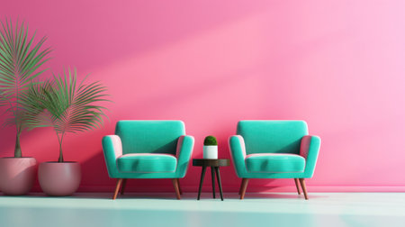 Modern Interior with green chairs on pink background. Two green armchairs against a bright pink wall with palm plants.の素材