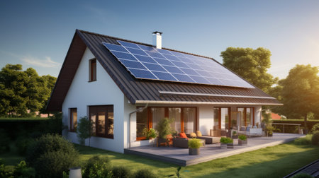 A modern eco-friendly house with solar panels on roof in tranquil environment. Green energy home. Sustainable living and renewable energy lifestyle.の素材