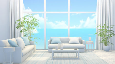 A bright, seaside modern living room in natural light, with white furniture overlooking tranquil ocean view through the large window. Peaceful and airy atmosphere.の素材