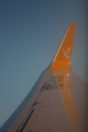 Adana, Turkey-March 03, 2011  Commercial airplanes wing was shot while descending to Adana, by company logo  Nice view of sky   Reflection of company logo on wing のeditorial素材