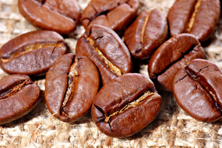 Coffee beans on burlap canvasの写真素材