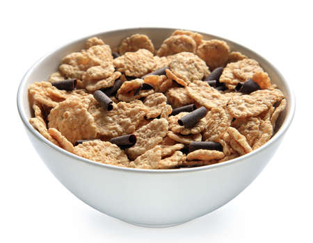 Bowl of bran cereal with chocolate curlsの写真素材