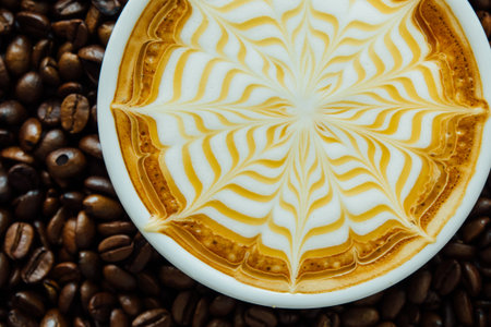 Latte art, Close up of a beautiful cup of hot coffee on coffee bean backgroundの写真素材