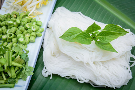 boiled Thai rice vermicelli, usually eaten with curries and vegetableの写真素材