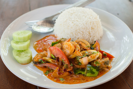 Thai style food, Tom yum seafood and riceの写真素材