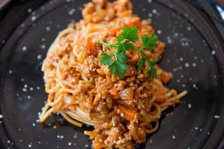 spaghetti pasta with tomato beef sauce closeupの写真素材