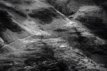 black and white. wolking through the dolomites mountains Piz BoÃ¨. moon view.の写真素材