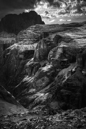black and white. wolking through the dolomites mountains Piz BoÃ¨. moon view.の写真素材