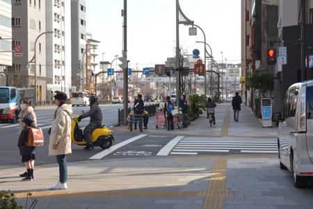 Pedestrian crossing in the Asakusa neighborhood in Tokyo Japan.のeditorial素材