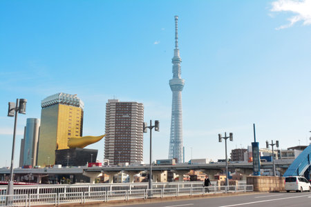 Panoramic view of the Asakusa neighborhood in Tokyo, where you can see the Sky Street tower.のeditorial素材