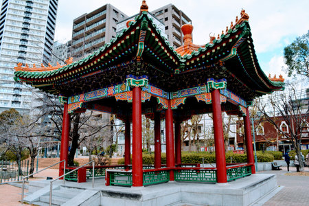 Japanese style architectural construction near Shin kobe station in Kobe Japan.のeditorial素材