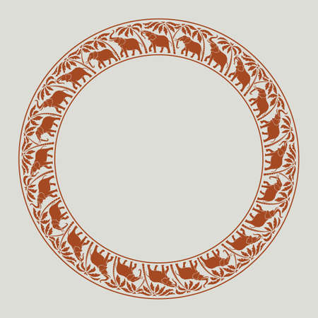 elephants and palm trees circle round ornamentの写真素材