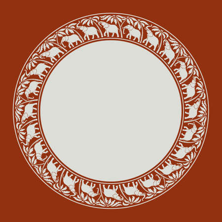 elephants and palm trees circle round ornamentの写真素材