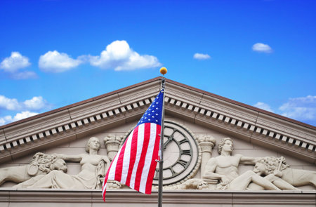 United States flag displayed on a historic building